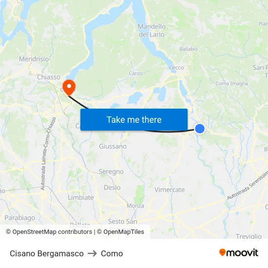 Cisano Bergamasco to Como map