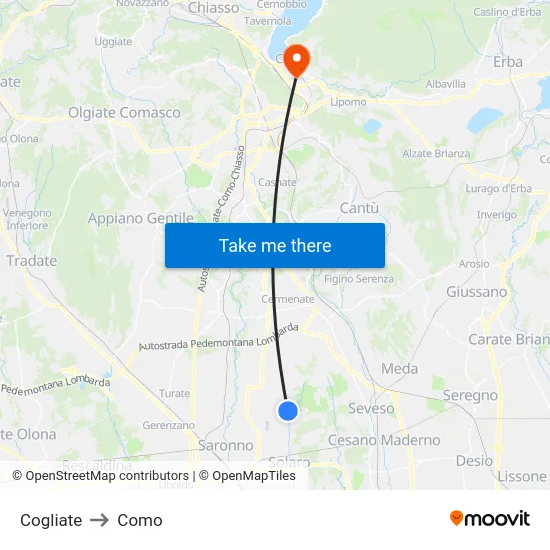 Cogliate to Como map