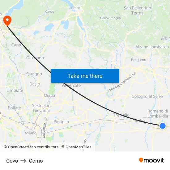 Covo to Como map