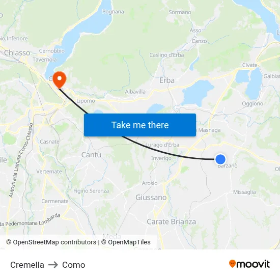 Cremella to Como map