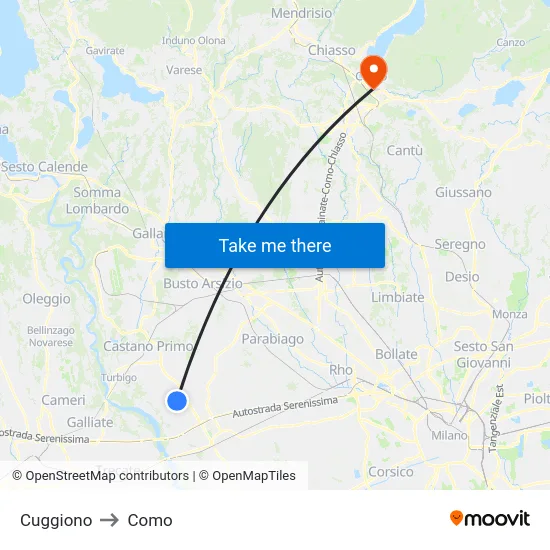 Cuggiono to Como map
