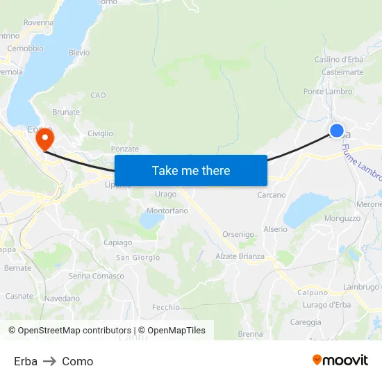Erba to Como map
