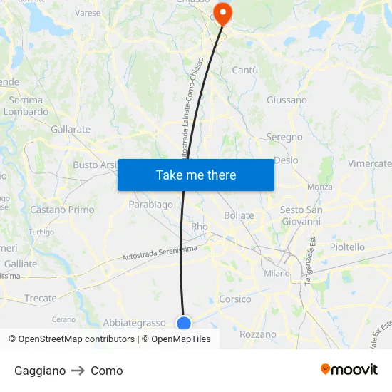 Gaggiano to Como map