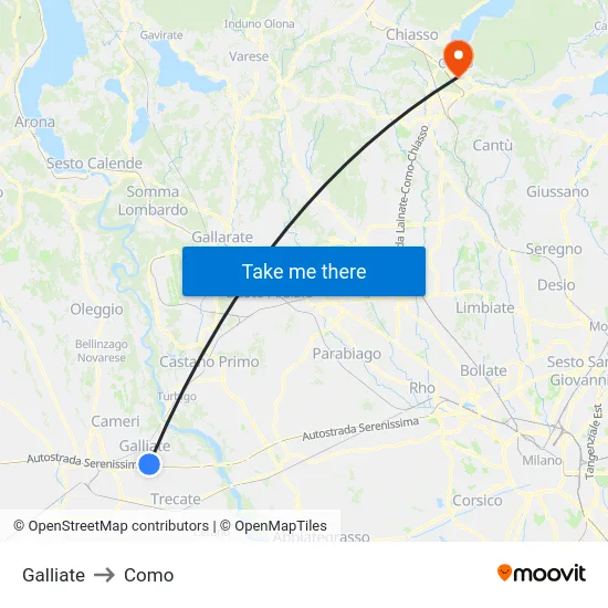 Galliate to Como map