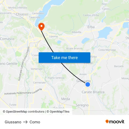 Giussano to Como map