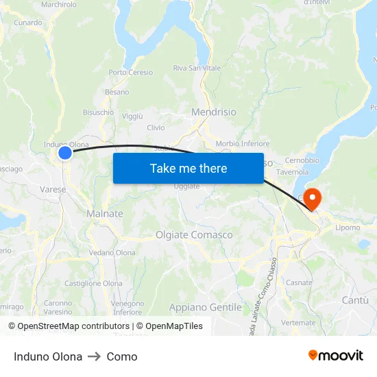 Induno Olona to Como map