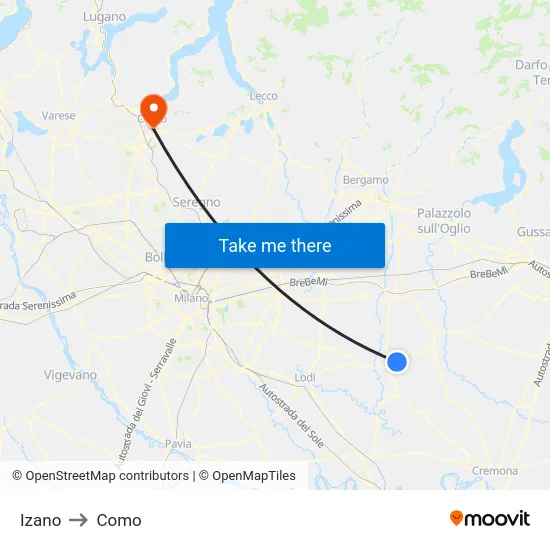 Izano to Como map