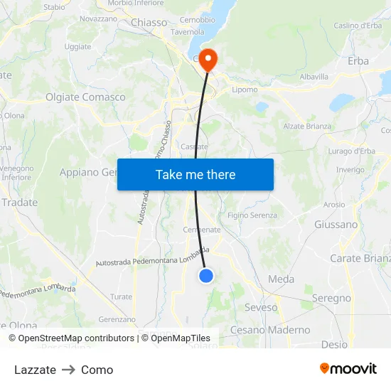 Lazzate to Como map
