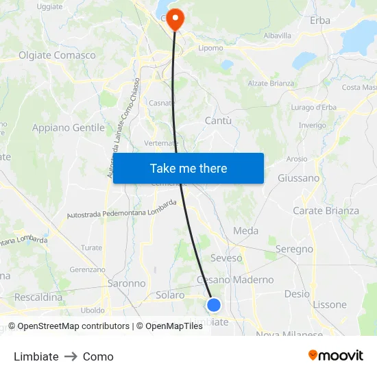 Limbiate to Como map