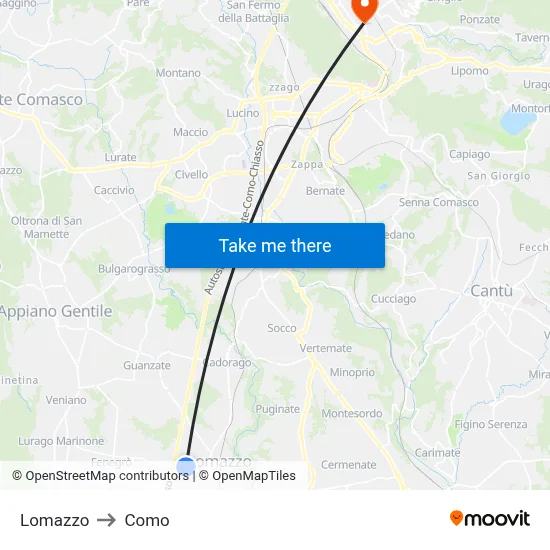 Lomazzo to Como map