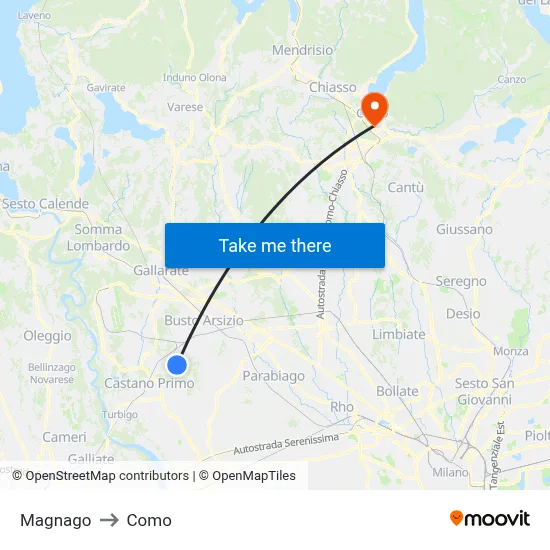 Magnago to Como map