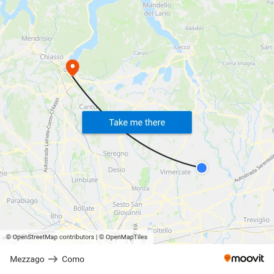 Mezzago to Como map