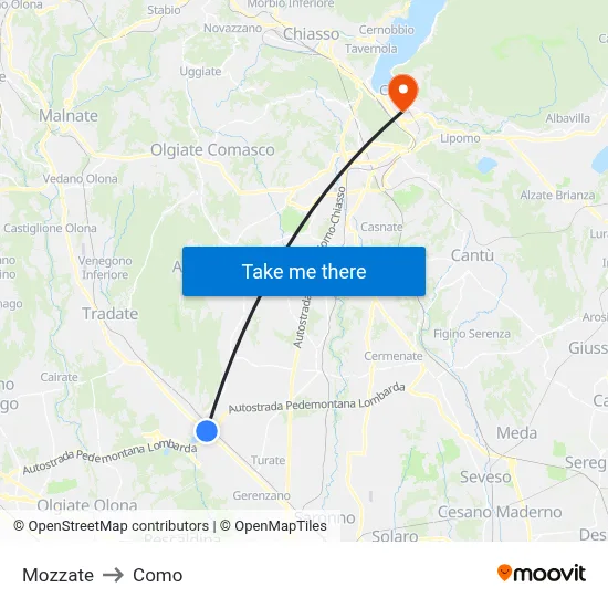 Mozzate to Como map