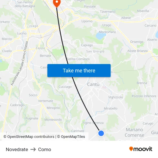 Novedrate to Como map