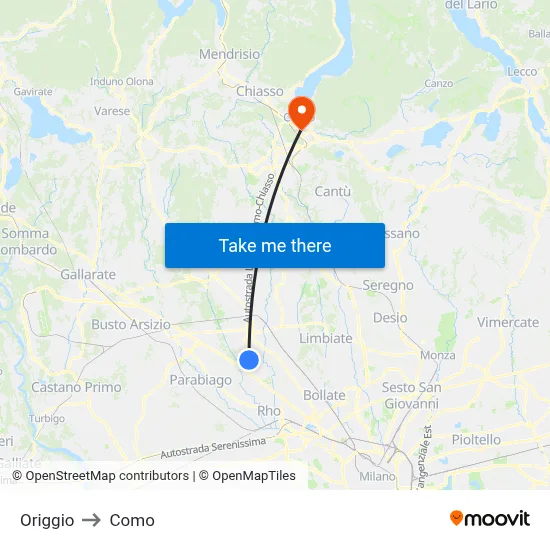 Origgio to Como map