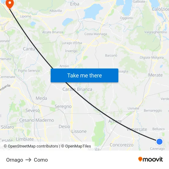 Ornago to Como map