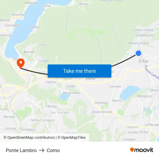 Ponte Lambro to Como map