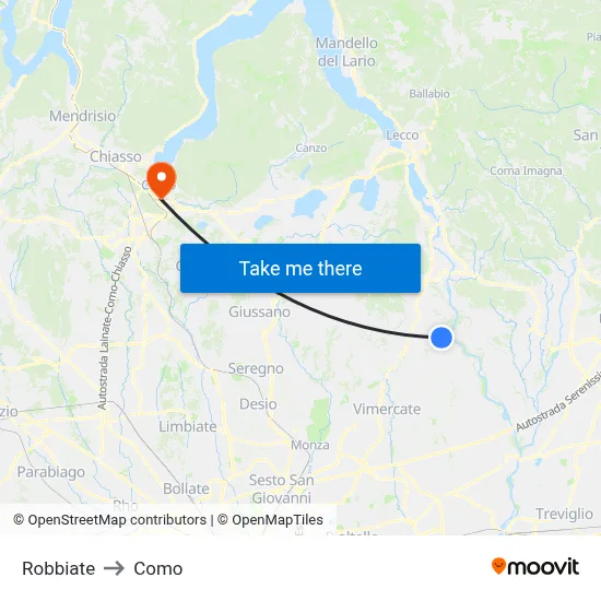 Robbiate to Como map