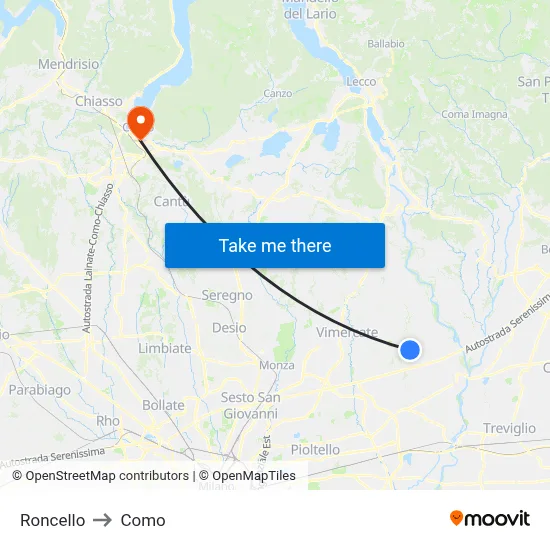 Roncello to Como map