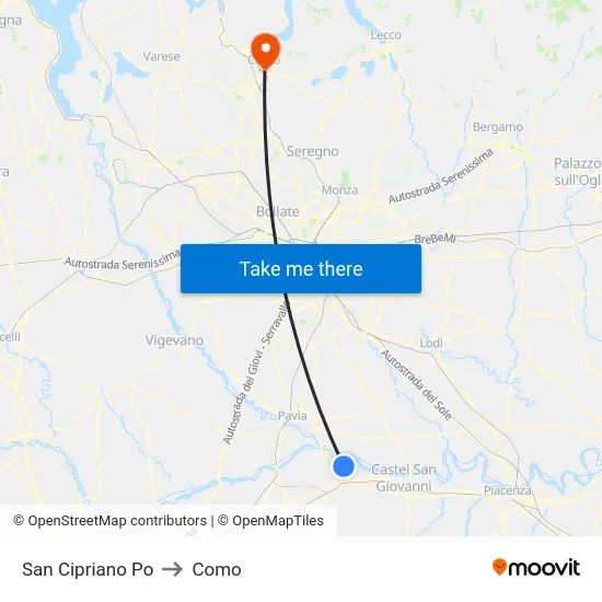 San Cipriano Po to Como map