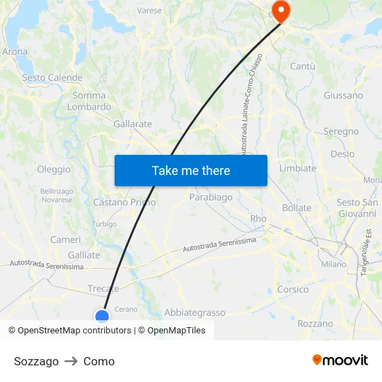 Sozzago to Como map