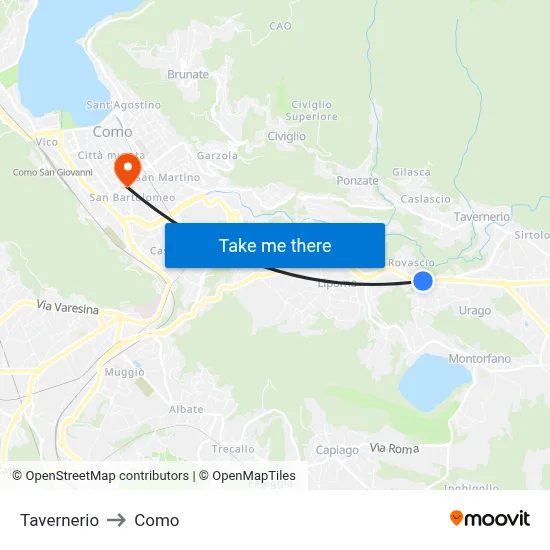 Tavernerio to Como map