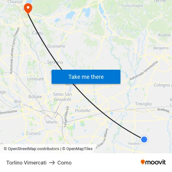 Torlino Vimercati to Como map