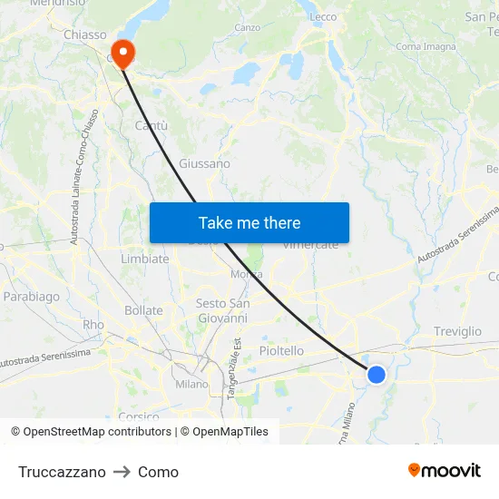 Truccazzano to Como map