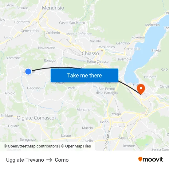 Uggiate-Trevano to Como map
