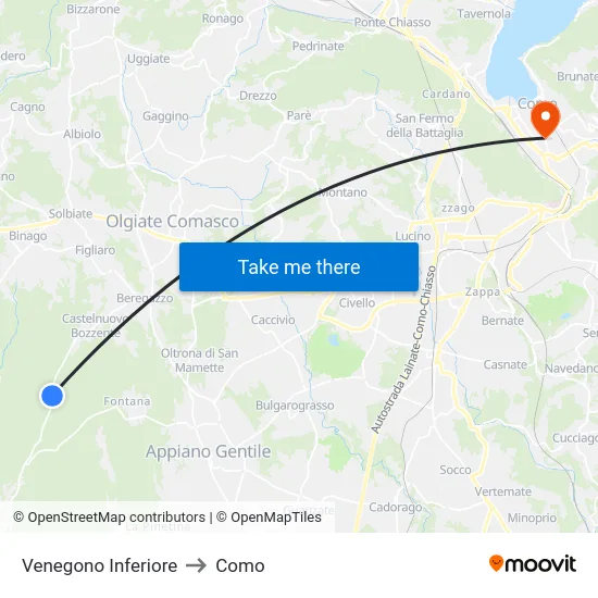 Venegono Inferiore to Como map