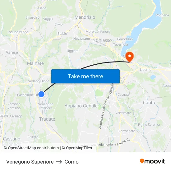 Venegono Superiore to Como map