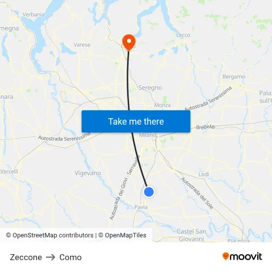 Zeccone to Como map