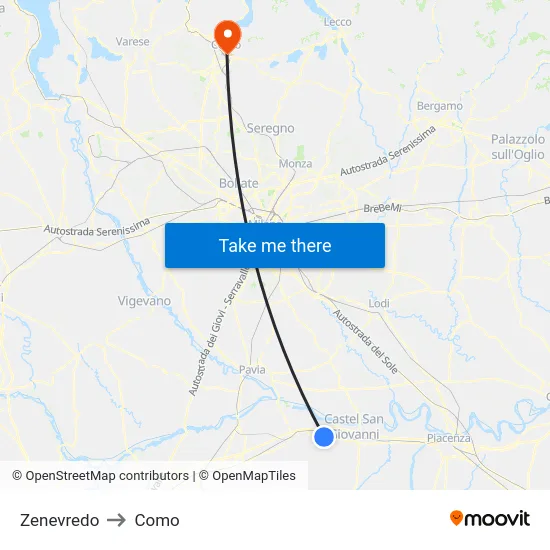 Zenevredo to Como map