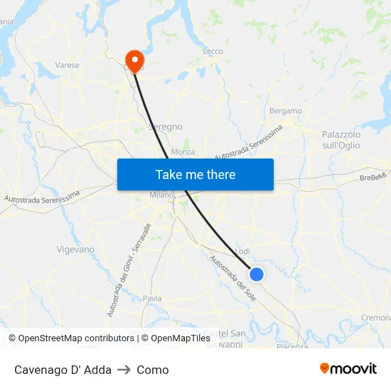 Cavenago D' Adda to Como map