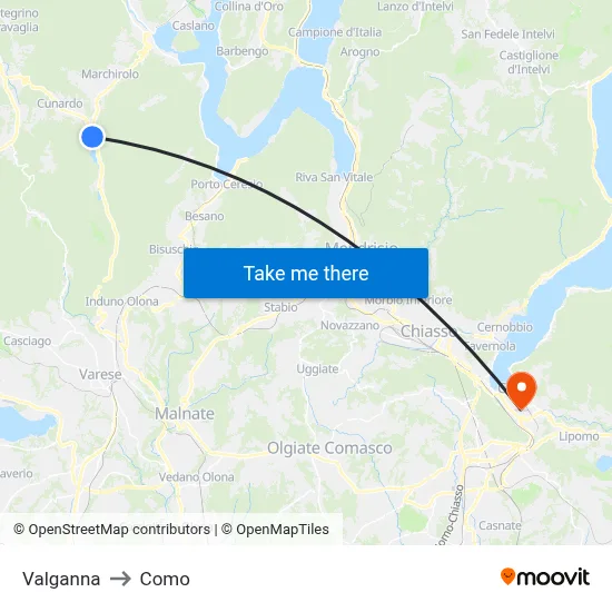 Valganna to Como map