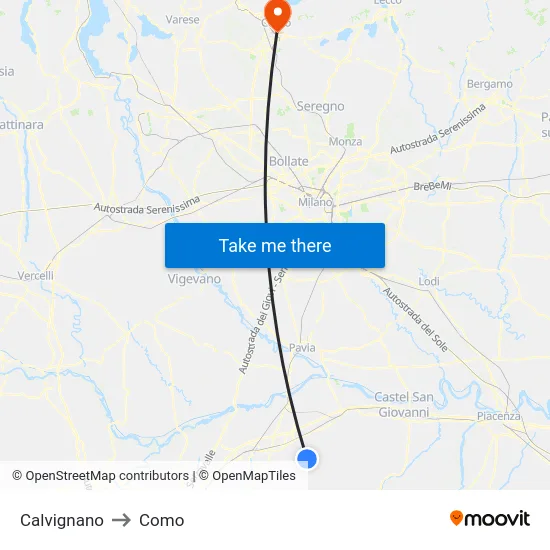 Calvignano to Como map