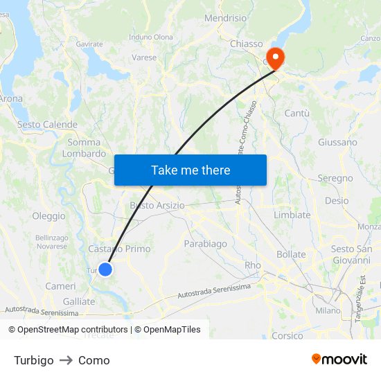 Turbigo to Como map