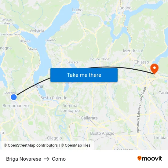 Briga Novarese to Como map