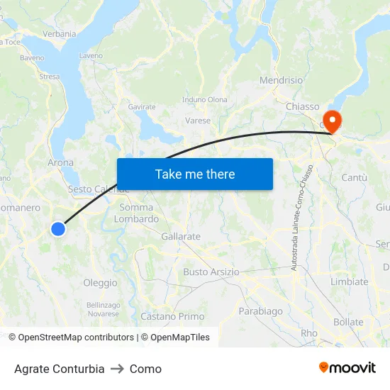 Agrate Conturbia to Como map
