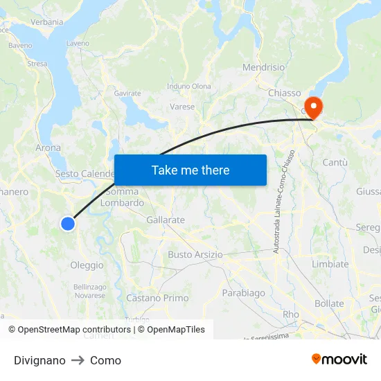 Divignano to Como map