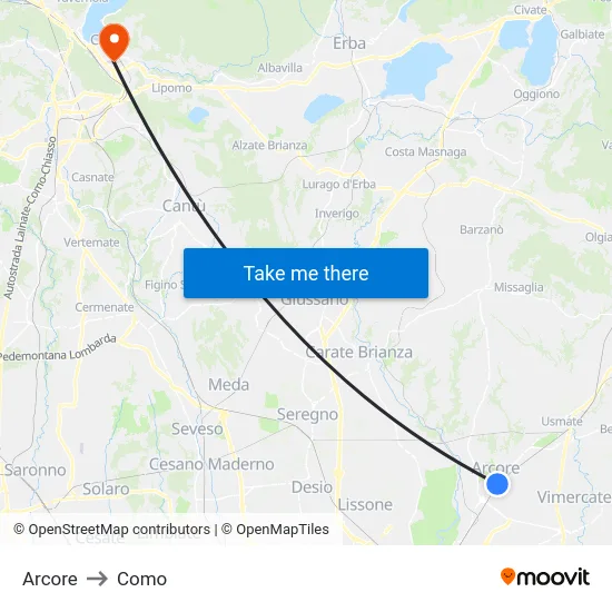 Arcore to Como map