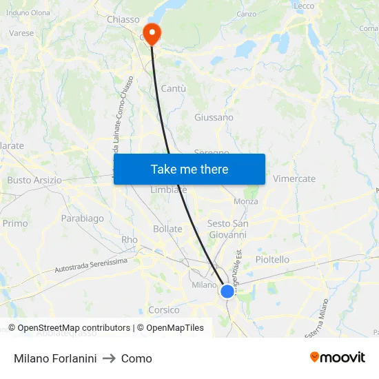 Milano Forlanini to Como map