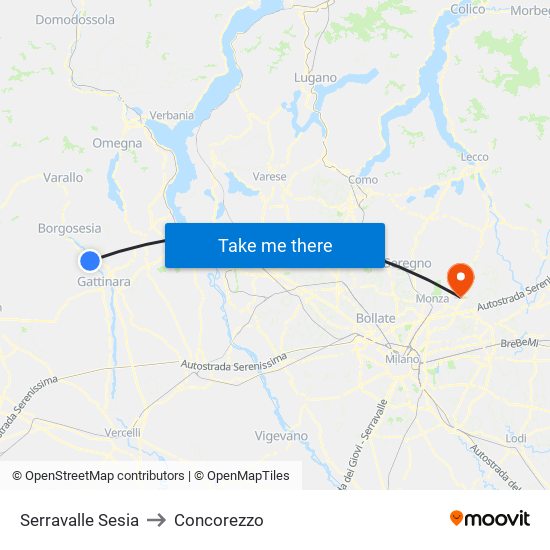 Serravalle Sesia to Concorezzo map