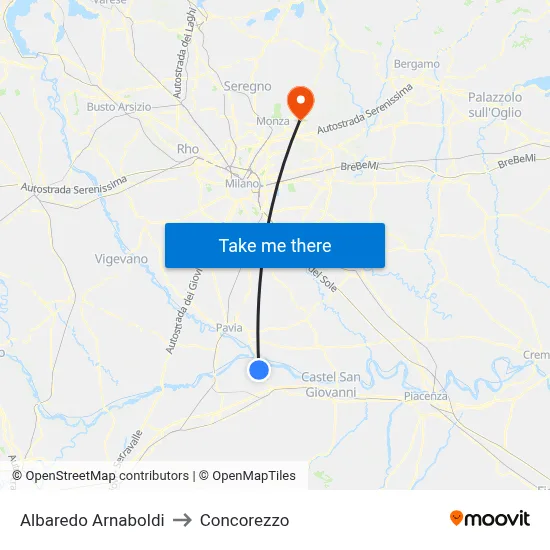 Albaredo Arnaboldi to Concorezzo map
