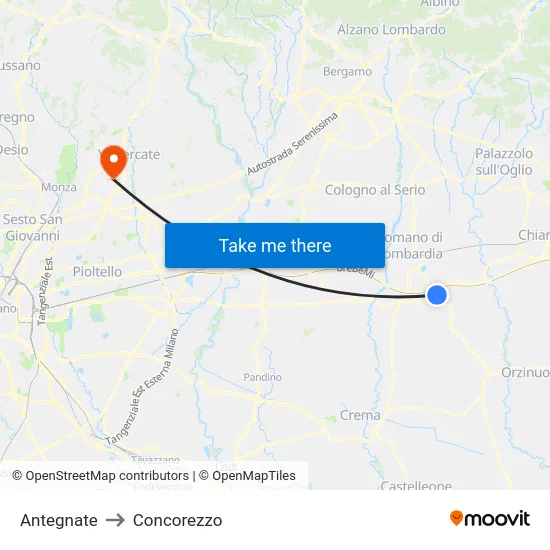 Antegnate to Concorezzo map