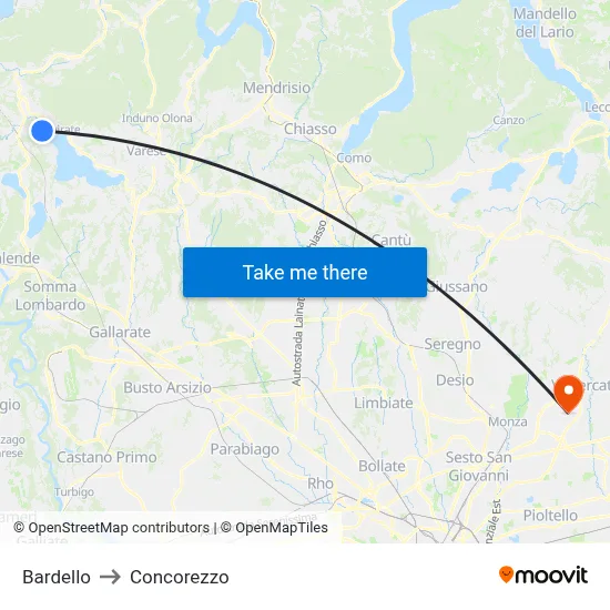 Bardello to Concorezzo map