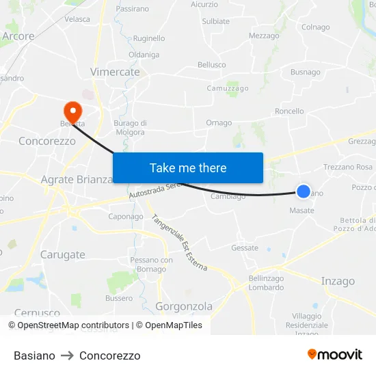 Basiano to Concorezzo map