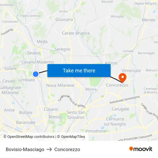 Bovisio-Masciago to Concorezzo map