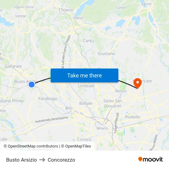 Busto Arsizio to Concorezzo map