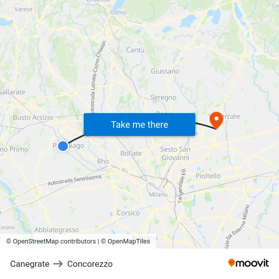 Canegrate to Concorezzo map